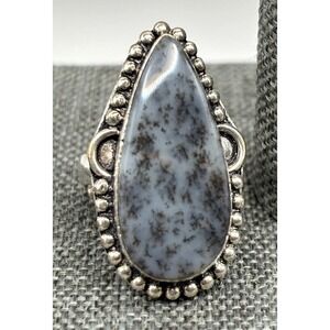 VTG Boho Large Dendrite Gray Stone Statement Ring Adjustable Sz 7 Silver Tone